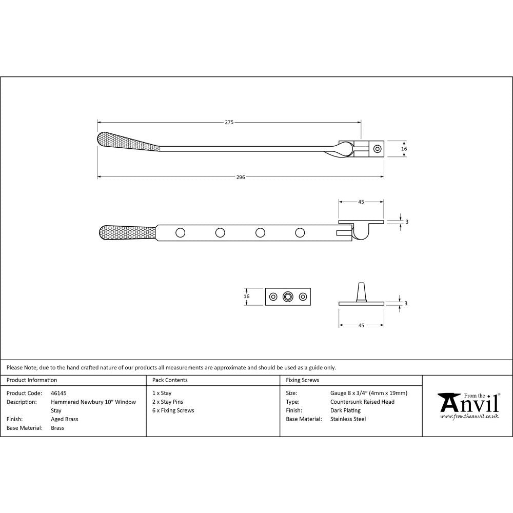From The Anvil - Aged Brass 10" Hammered Newbury Stay | Sku. 46145 | Trade Door Handles.