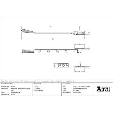 From The Anvil - Polished Bronze 10" Hammered Newbury Stay | Sku. 46157 | Trade Door Handles.