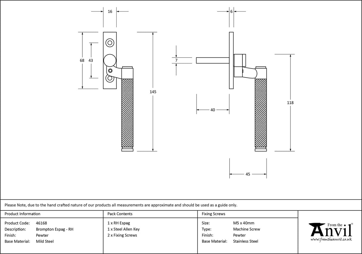 From The Anvil - Pewter Brompton Espag - RH | Sku. 46168 | Trade Door Handles.