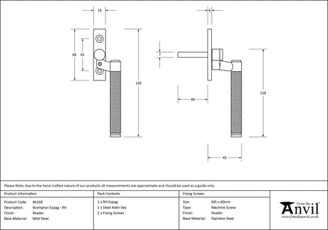 From The Anvil - Pewter Brompton Espag - RH | Sku. 46168 | Trade Door Handles.