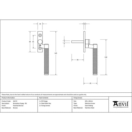 From The Anvil - Polished Bronze Brompton Espag - RH | Sku. 46172 | Trade Door Handles.