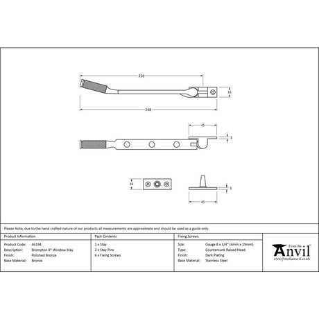 From The Anvil - Polished Bronze 8" Brompton Stay | Sku. 46194 | Trade Door Handles.