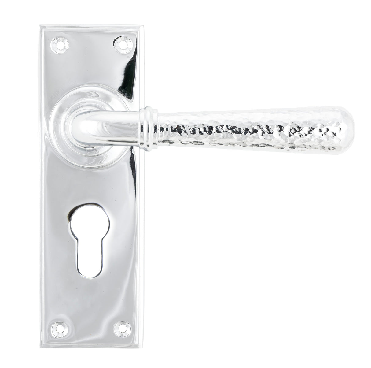 From The Anvil - Polished Chrome Hammered Newbury Lever Euro Lock Set | Sku. 46216 | Trade Door Handles.
