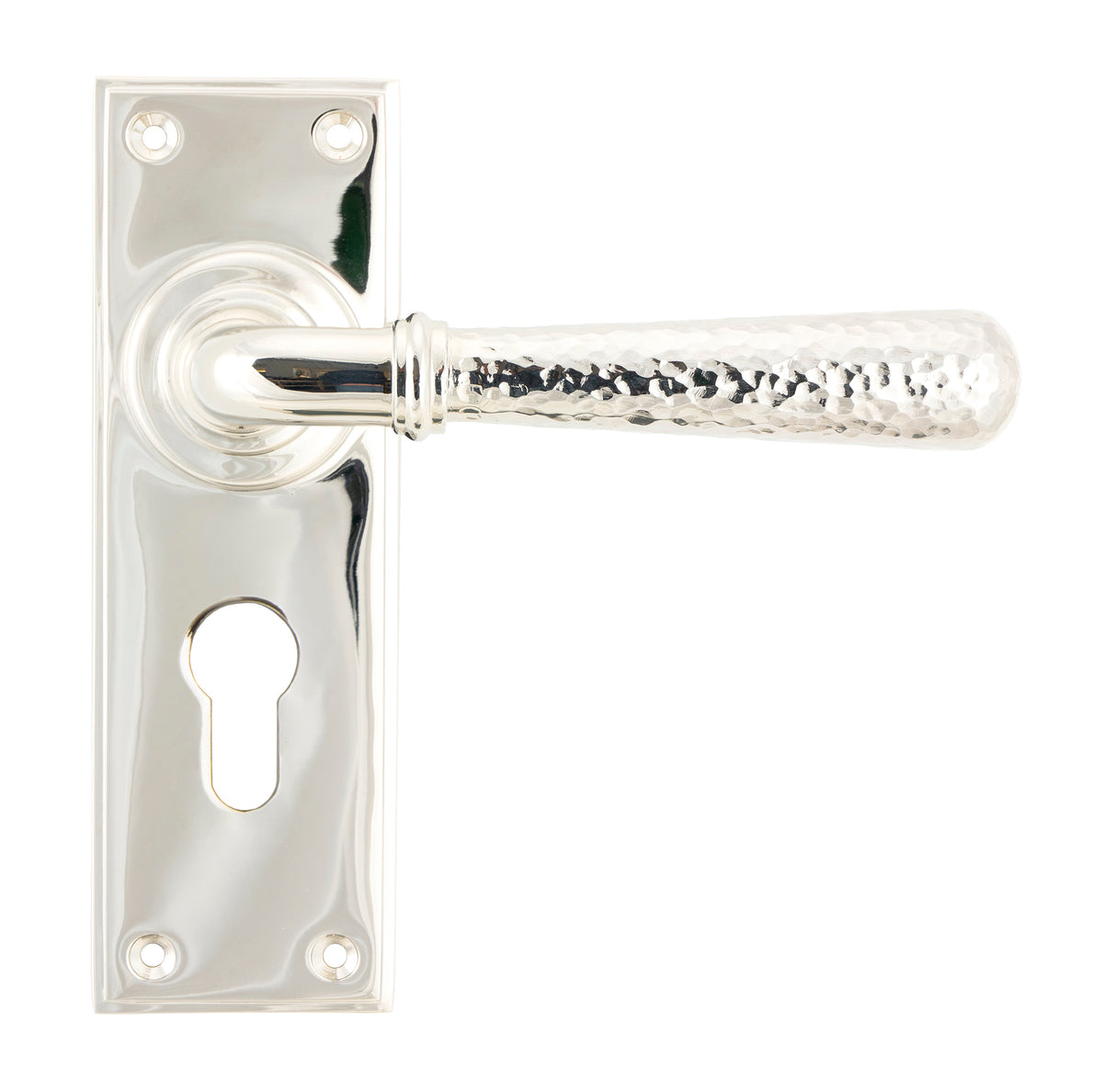 From The Anvil - Polished Nickel Hammered Newbury Lever Euro Lock Set | Sku. 46220 | Trade Door Handles.