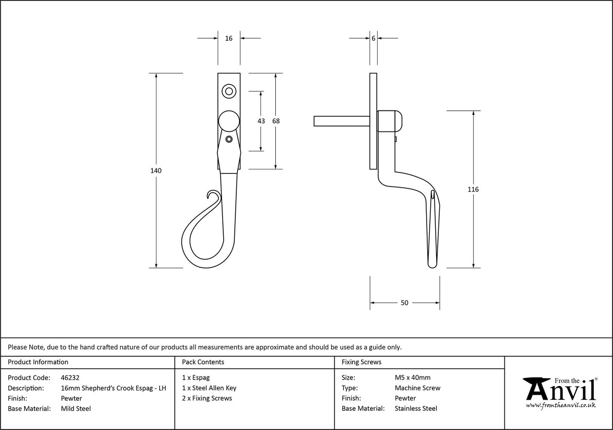 From The Anvil - Pewter 16mm Shepherd's Crook Espag - LH | Sku. 46232 | Trade Door Handles.