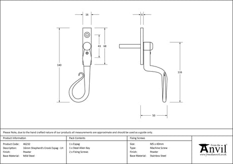 From The Anvil - Pewter 16mm Shepherd's Crook Espag - LH | Sku. 46232 | Trade Door Handles.