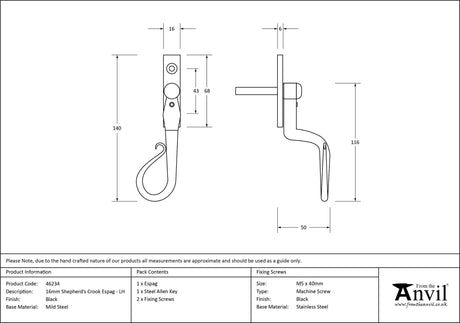 From The Anvil - Black 16mm Shepherd's Crook Espag - LH | Sku. 46234 | Trade Door Handles.