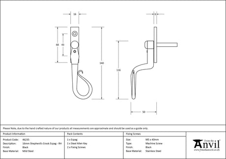 From The Anvil - Black 16mm Shepherd's Crook Espag - RH | Sku. 46235 | Trade Door Handles.