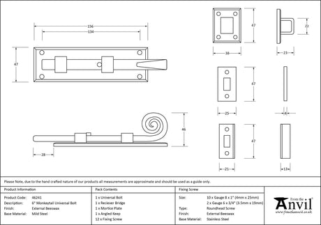 From The Anvil - External Beeswax 6" Monkeytail Universal Bolt | Sku. 46241 | Trade Door Handles.