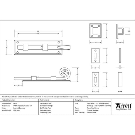 From The Anvil - External Beeswax 6" Monkeytail Universal Bolt | Sku. 46241 | Trade Door Handles.