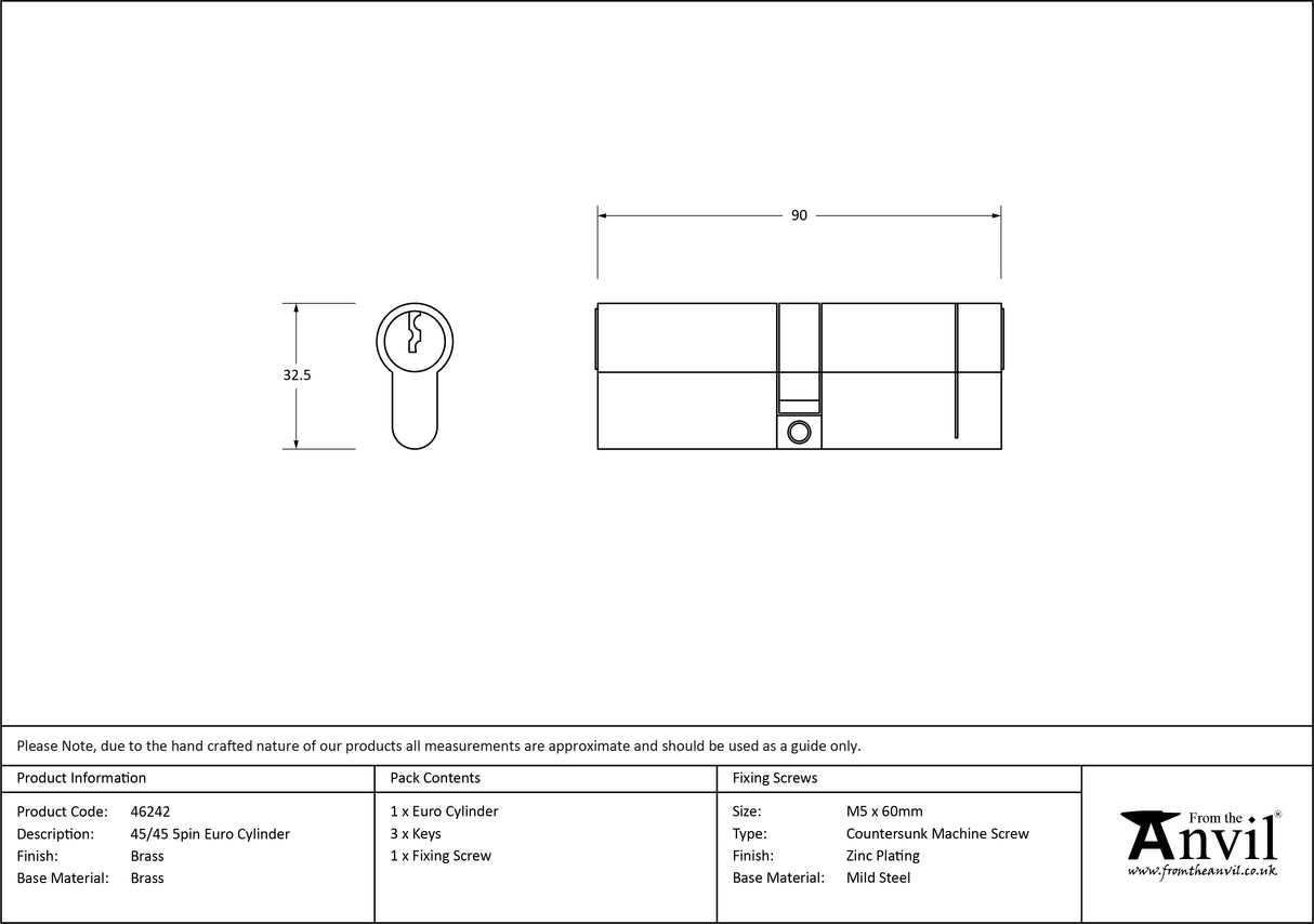 From The Anvil - Lacquered Brass 45/45 5pin Euro Cylinder | Sku. 46242 | Trade Door Handles.