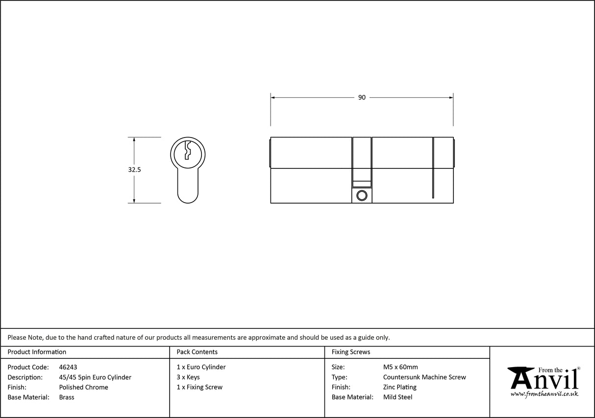 From The Anvil - Polished Chrome 45/45 5pin Euro Cylinder | Sku. 46243 | Trade Door Handles.