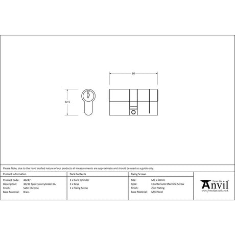From The Anvil - Satin Chrome 30/30 5pin Euro Cylinder KA | Sku. 46247 | Trade Door Handles.