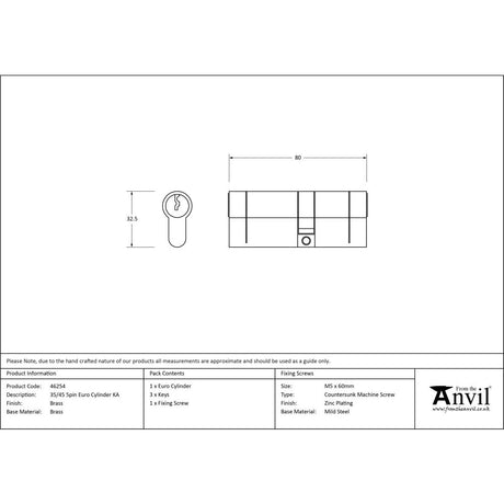 From The Anvil - Lacquered Brass 35/45 5pin Euro Cylinder KA | Sku. 46254 | Trade Door Handles.
