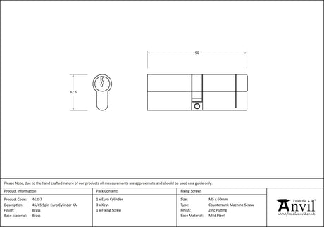 From The Anvil - Lacquered Brass 45/45 5pin Euro Cylinder KA | Sku. 46257 | Trade Door Handles.