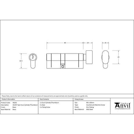 From The Anvil - Lacquered Brass 35/45T 5pin Euro Cylinder/Thumbturn | Sku. 46263 | Trade Door Handles.