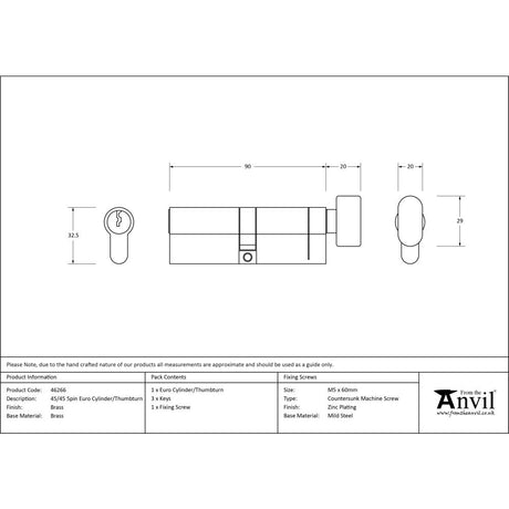 From The Anvil - Lacquered Brass 45/45 5pin Euro Cylinder/Thumbturn | Sku. 46266 | Trade Door Handles.