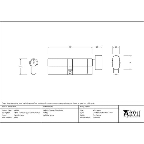 From The Anvil - Satin Chrome 45/45 5pin Euro Cylinder/Thumbturn | Sku. 46268 | Trade Door Handles.