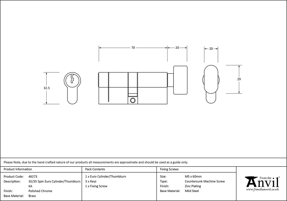 From The Anvil - Polished Chrome 35/35 5pin Euro Cylinder/Thumbturn KA | Sku. 46273 | Trade Door Handles.