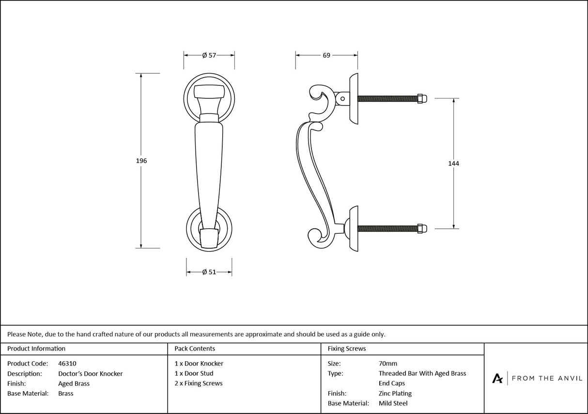 From The Anvil - Aged Brass Doctors Door Knocker | Sku. 46310 | Trade Door Handles.