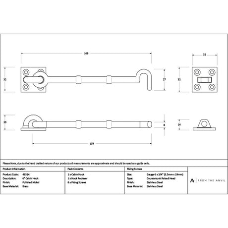 High quality images of the From The Anvil - Polished Nickel 6" Traditional Cabin Hook | Sku. Anvil-46314 | available to order from Trade Door Handles, quick delivery at discounted prices.