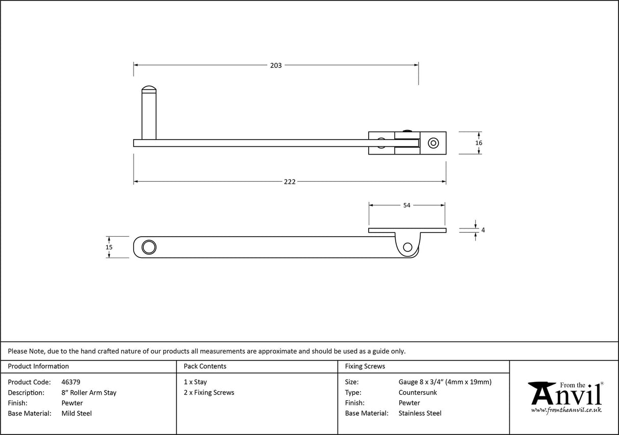 From The Anvil - Pewter 8" Roller Arm Stay | Sku. 46379 | Trade Door Handles.
