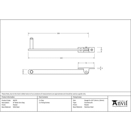 From The Anvil - Pewter 8" Roller Arm Stay | Sku. 46379 | Trade Door Handles.