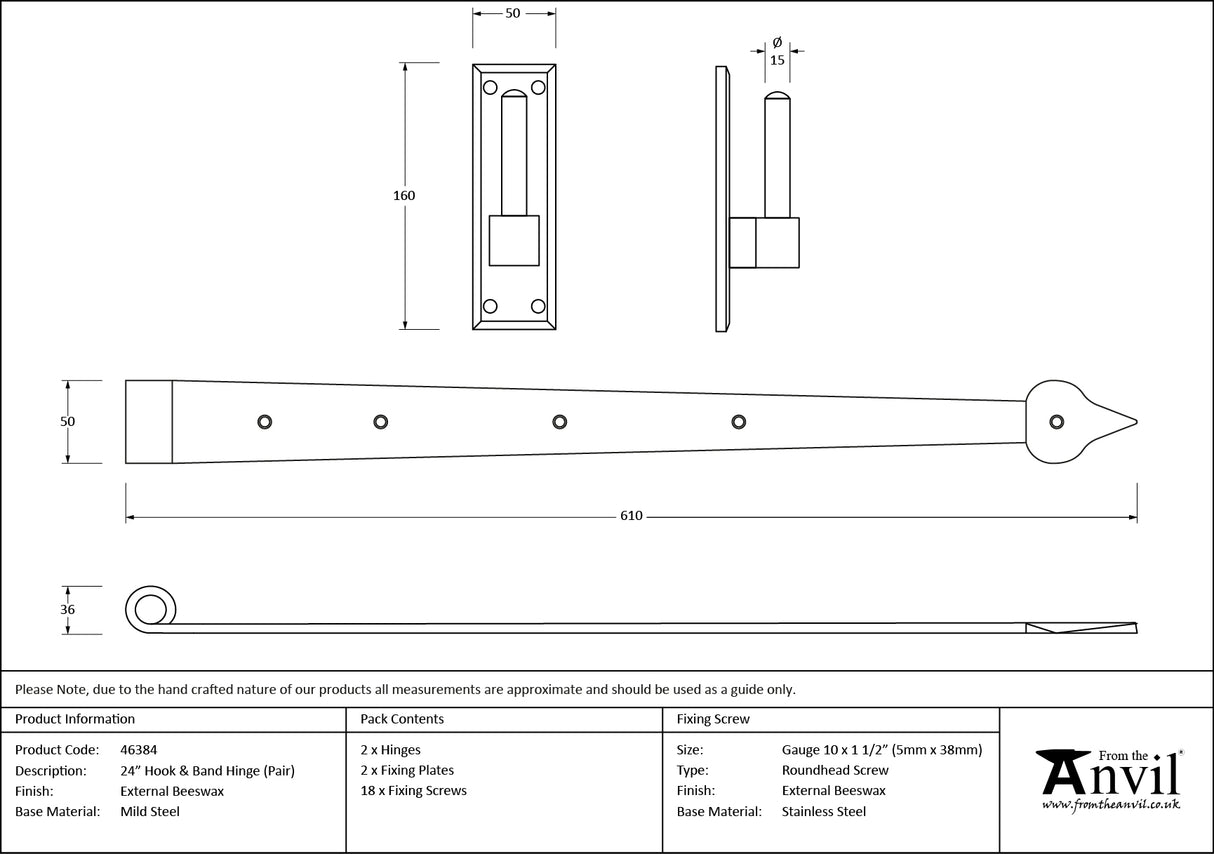 From The Anvil - External Beeswax 24" Hook & Band Hinge (pair) | Sku. 46384 | Trade Door Handles.