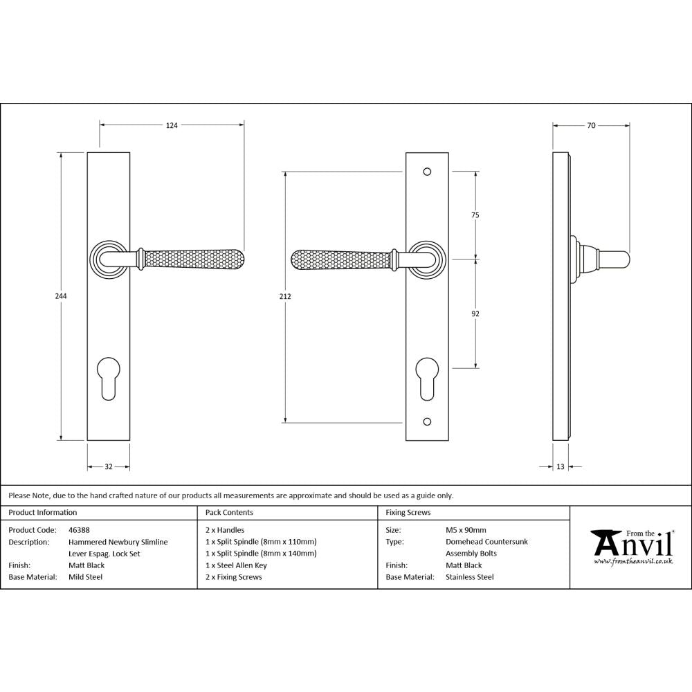 From The Anvil - Matt Black Hammered Newbury Slimline Espag. Lock Set | Sku. 46388 | Trade Door Handles.