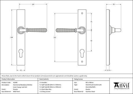 From The Anvil - Pewter Hammered Newbury Slimline Espag. Lock Set | Sku. 46389 | Trade Door Handles.