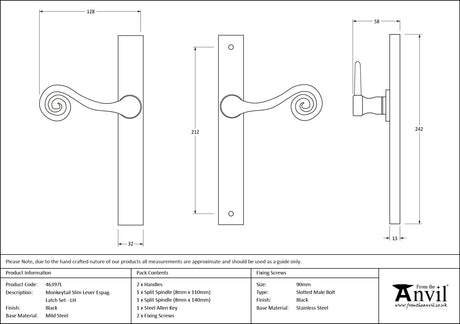 From The Anvil - Black Monkeytail Slimline Lever Espag. Latch Set - LH | Sku. 46397L | Trade Door Handles.