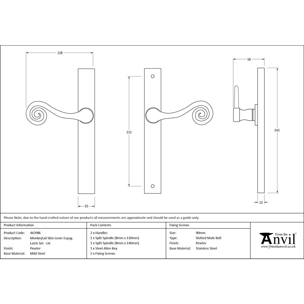 From The Anvil - Pewter Monkeytail Slimline Lever Espag. Latch Set - LH | Sku. 46398L | Trade Door Handles.