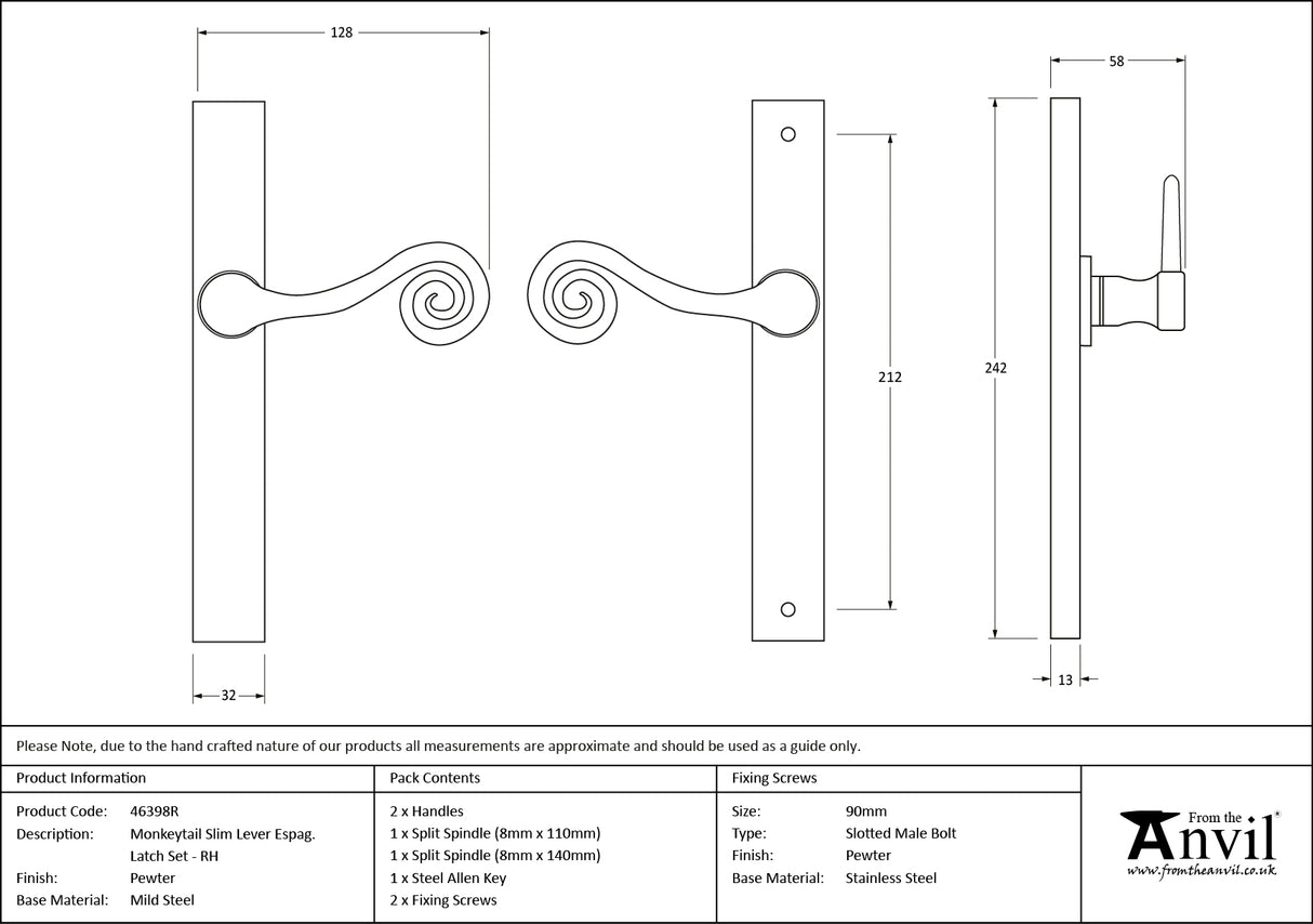 From The Anvil - Pewter Monkeytail Slimline Lever Espag. Latch - RH | Sku. 46398R | Trade Door Handles.