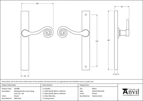 From The Anvil - Pewter Monkeytail Slimline Lever Espag. Latch - RH | Sku. 46398R | Trade Door Handles.