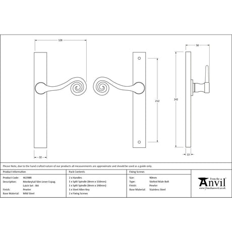 From The Anvil - Pewter Monkeytail Slimline Lever Espag. Latch - RH | Sku. 46398R | Trade Door Handles.