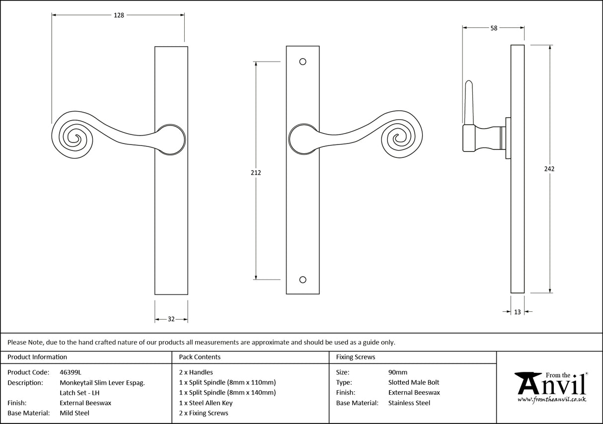 From The Anvil - External Beeswax Monkeytail Slimline Lever Espag. Latch Set -LH | Sku. 46399L | Trade Door Handles.