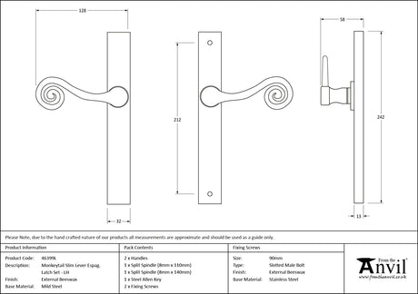 From The Anvil - External Beeswax Monkeytail Slimline Lever Espag. Latch Set -LH | Sku. 46399L | Trade Door Handles.