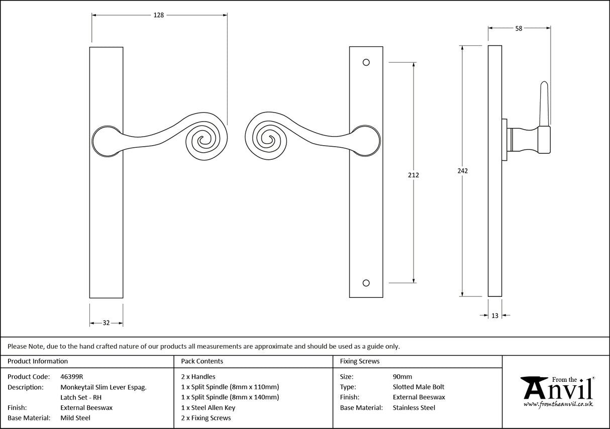 From The Anvil - External Beeswax Monkeytail Slimline Lever Espag. Latch Set -RH | Sku. 46399R | Trade Door Handles.