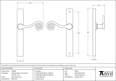 From The Anvil - External Beeswax Monkeytail Slimline Lever Espag. Latch Set -RH | Sku. 46399R | Trade Door Handles.