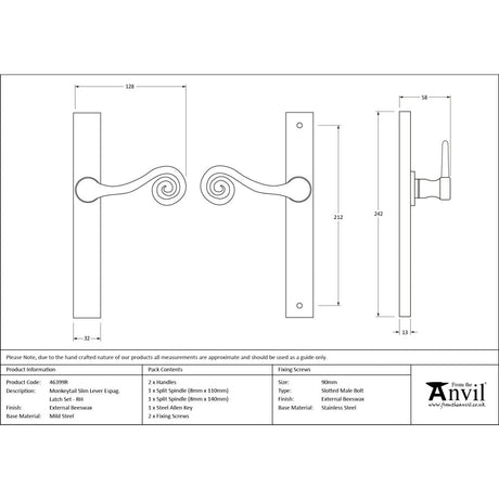 From The Anvil - External Beeswax Monkeytail Slimline Lever Espag. Latch Set -RH | Sku. 46399R | Trade Door Handles.