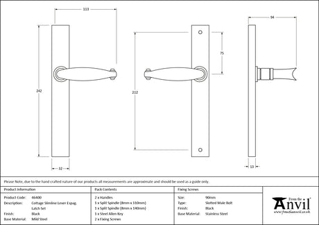 From The Anvil - Black Cottage Slimline Lever Espag. Latch Set | Sku. 46400 | Trade Door Handles.