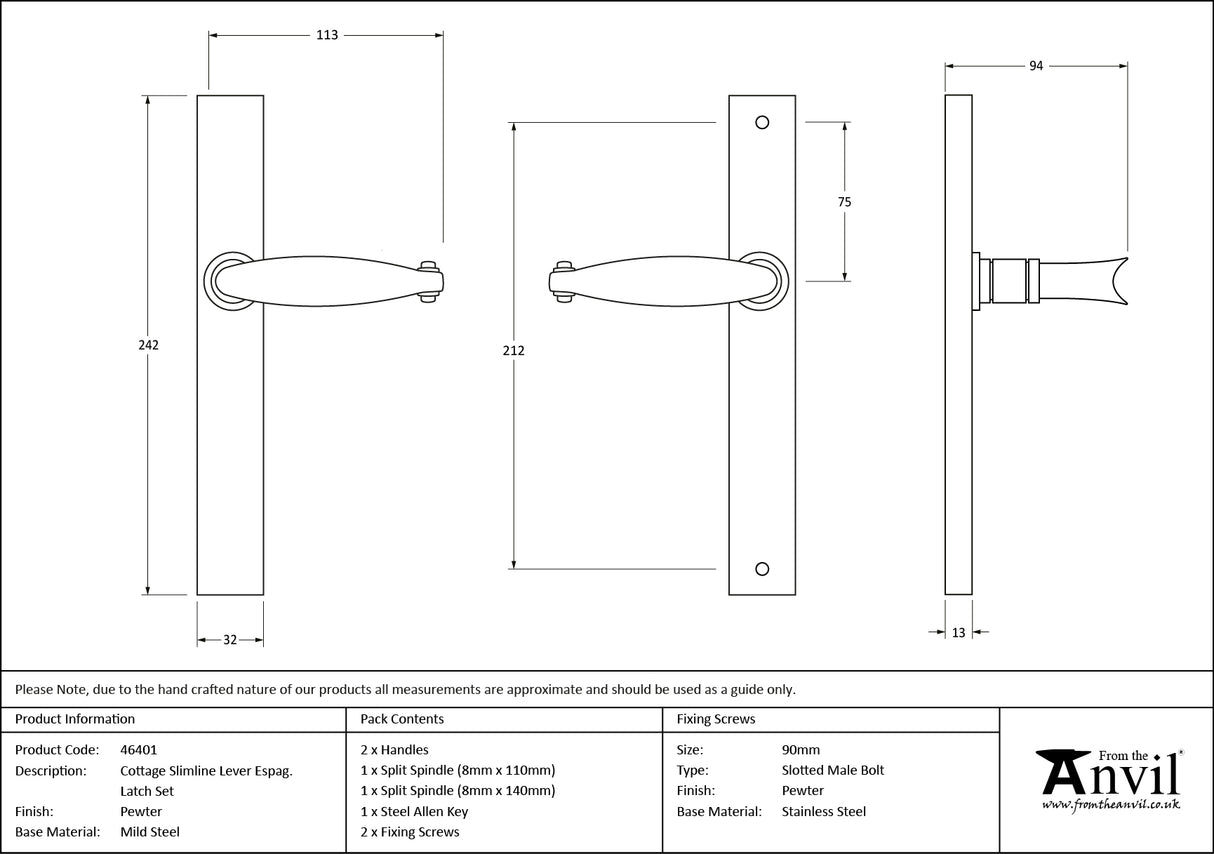 From The Anvil - Pewter Cottage Slimline Lever Espag. Latch Set | Sku. 46401 | Trade Door Handles.