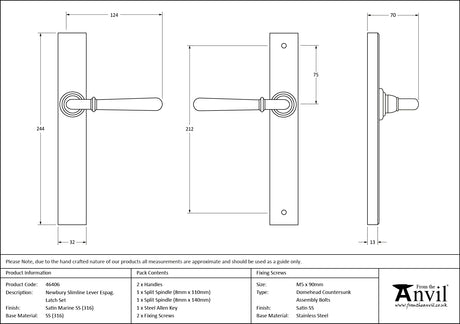 From The Anvil - Satin Marine SS (316) Newbury Slimline Lever Espag. Latch Set | Sku. 46406 | Trade Door Handles.