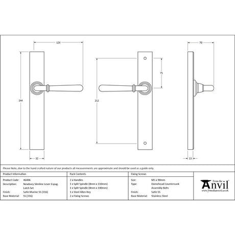 From The Anvil - Satin Marine SS (316) Newbury Slimline Lever Espag. Latch Set | Sku. 46406 | Trade Door Handles.