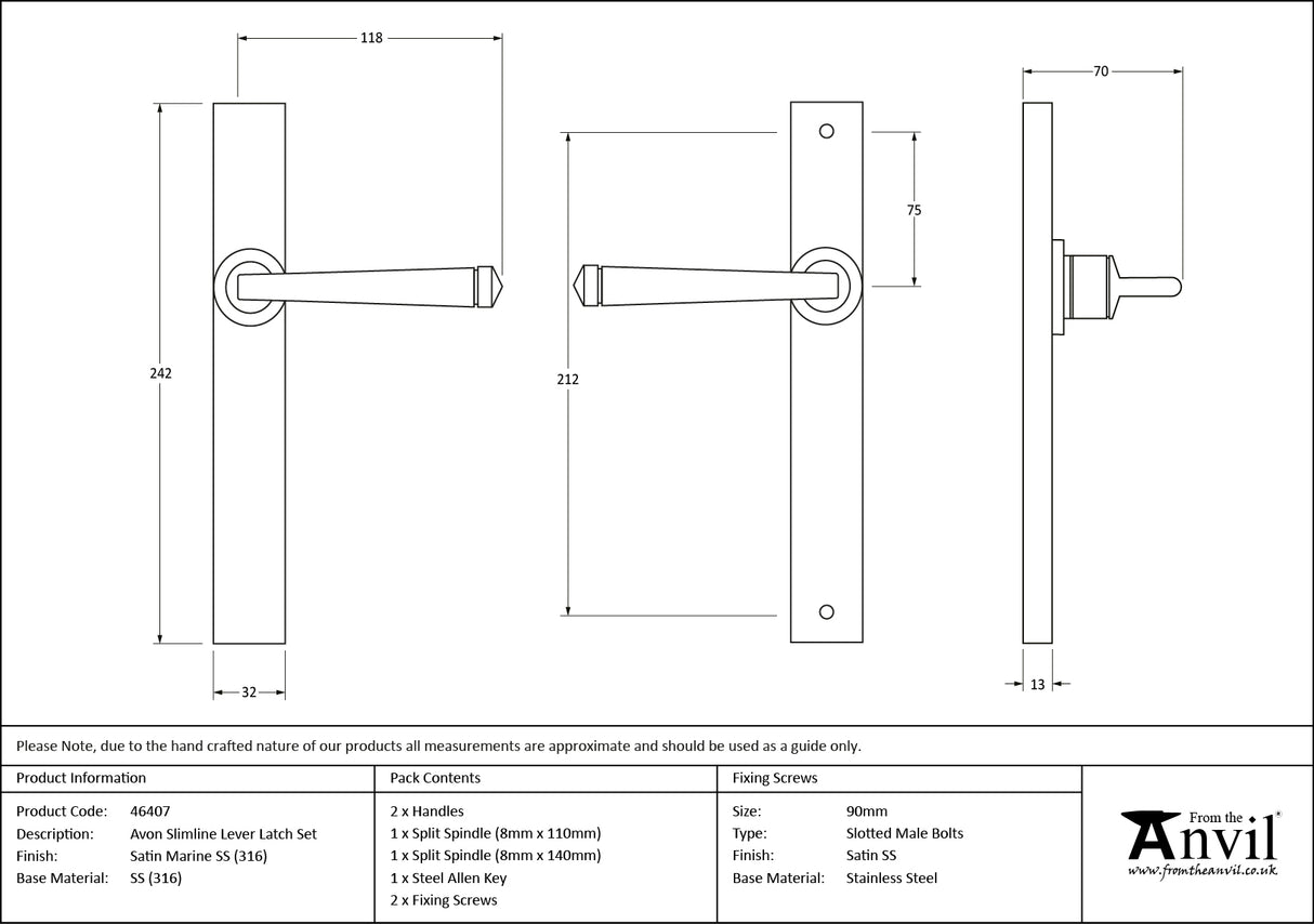 From The Anvil - Satin Marine SS (316) Avon Slimline Lever Espag. Latch Set | Sku. 46407 | Trade Door Handles.
