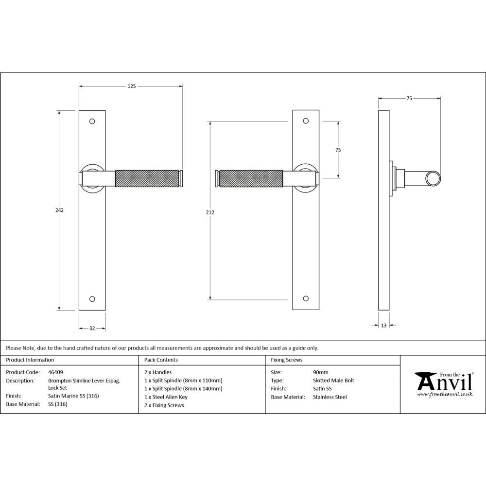 From The Anvil - Satin Marine SS (316) Brompton Slimline Lever Espag. Latch Set | Sku. 46409 | Trade Door Handles.