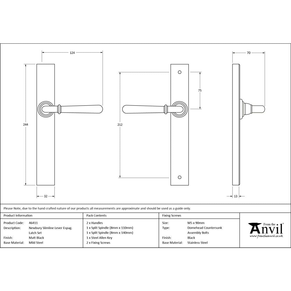 From The Anvil - Matt Black Newbury Slimline Lever Espag. Latch Set | Sku. 46411 | Trade Door Handles.
