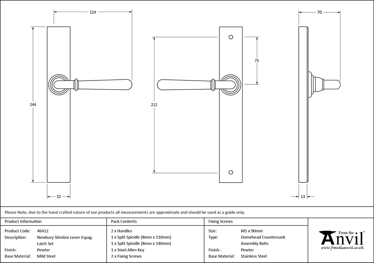 From The Anvil - Pewter Newbury Slimline Lever Espag. Latch Set | Sku. 46412 | Trade Door Handles.