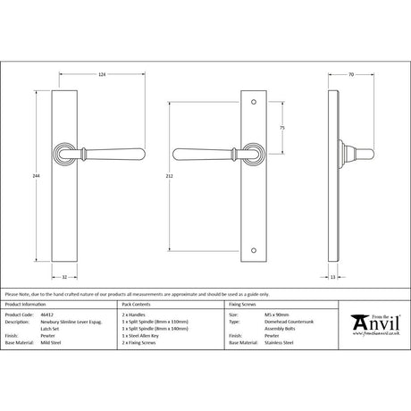 From The Anvil - Pewter Newbury Slimline Lever Espag. Latch Set | Sku. 46412 | Trade Door Handles.