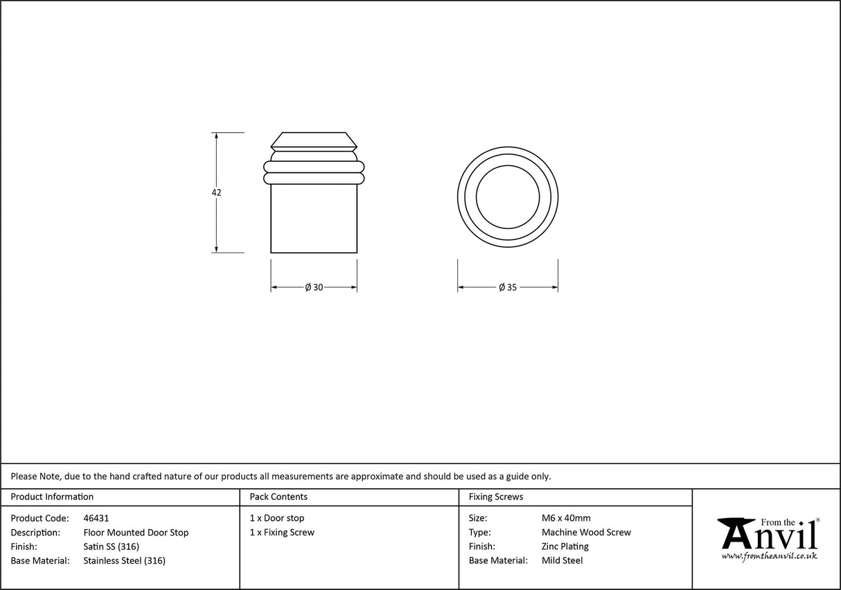 From The Anvil - Satin Marine SS (316) Floor Mounted Door Stop | Sku. 46431 | Trade Door Handles.
